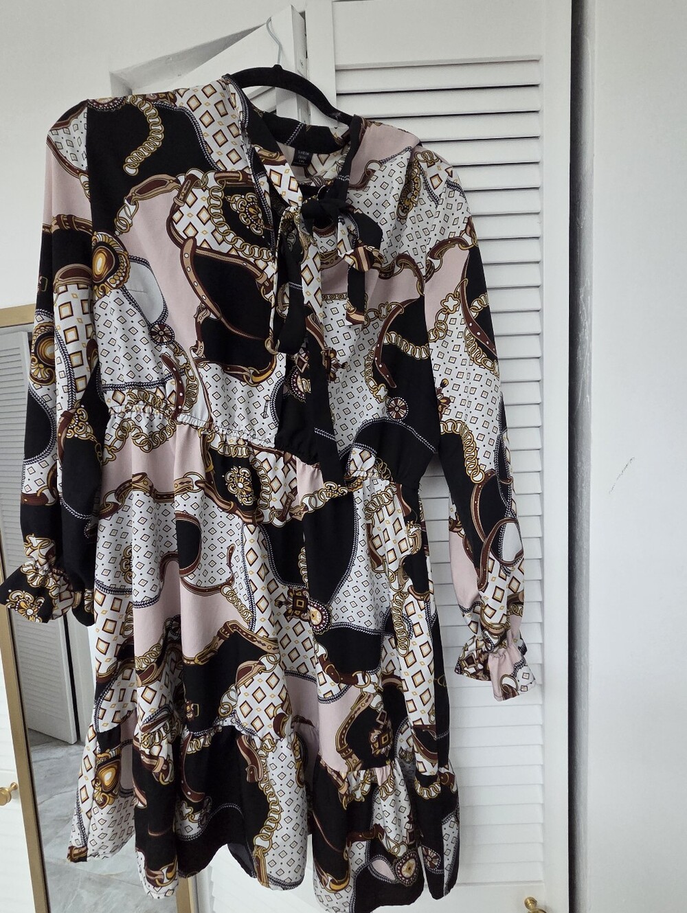 Shein Curve Patterned Tie-Neck Long Sleeve Tiered Dress - Black & Blush